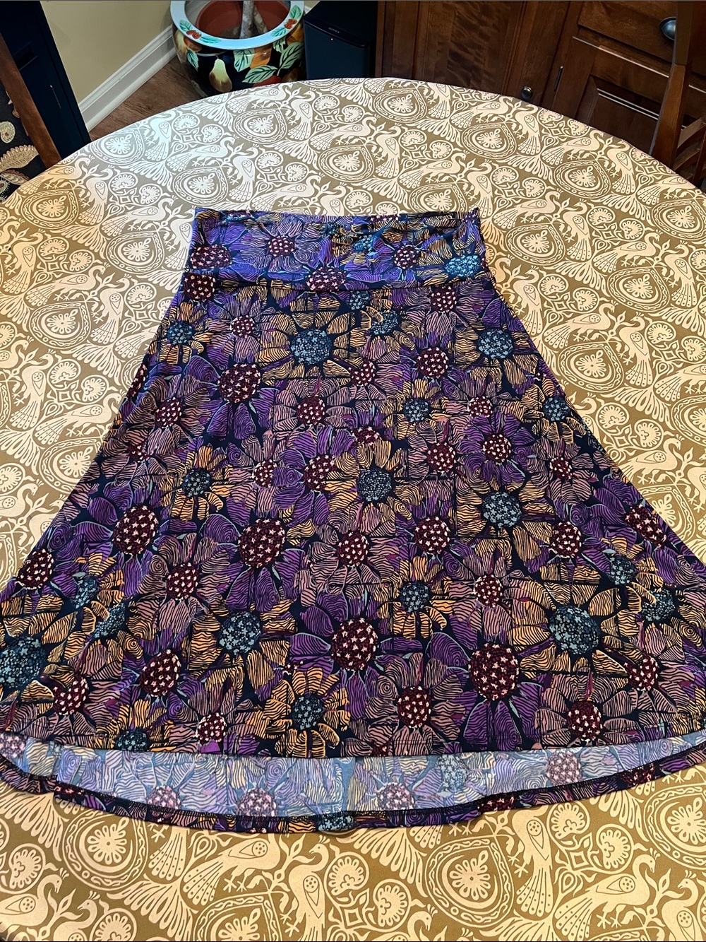 LuLaRoe Navy/Purple Floral A-Line Midi Skirt with Orange Red Green Accents